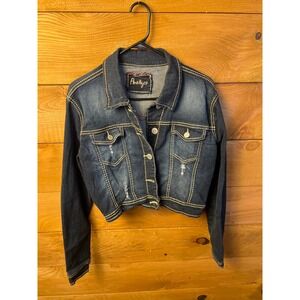 Amethyst Denim Jacket Women's Size L Distressed Cropped Dark Wash Streetwear Y2K